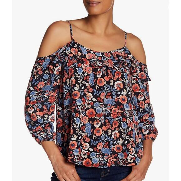 JOIE‎ Birtha Cold-Shoulder Floral Print Silk Blouse Women's S Colorful Boho - Picture 1 of 7